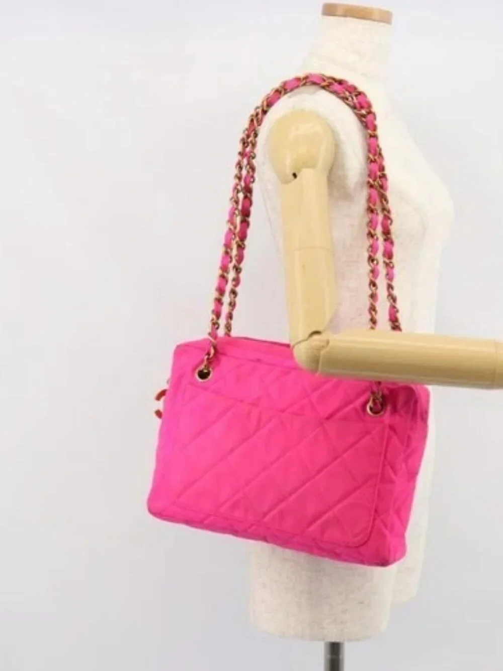 CHANEL Matelasse Chain Shoulder Bag Nylon Pink Gold CC Auth 149222